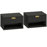 HOMCOM Set of 2 Wall Mounted Nightstands, Floating Bedside Tables with Fluted Drawer and Open Shelf for Small Bedroom, Black(m-1)