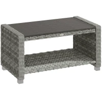 Outsunny Outdoor Coffee Table with Storage Shelf, PE Rattan Side Table with Slatted Top and Foot Pads, Grey(m-1)