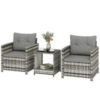 Outsunny Rattan Bistro Set, 3 Piece Garden Furniture Set with 2 Tier Glass Top Table and Cushions, Mixed Grey(m-11)