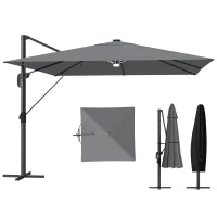 Outsunny 3 x 3 m Garden Cantilever Parasol with Light, Cover, Overhanging Umbrella w/ Wind Protection, 360° Rotation, Light Grey(m-10)