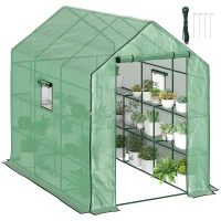 Outsunny Walk-in Greenhouse with 3 Tier 12 Shelves, Small Greenhouse with Reinforced PE Cover, Garden Plant Growhouse with Roll-up Door and Three Mesh Windows, 140 x 213 x 190 cm, Green(m-10)