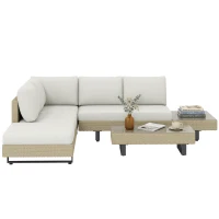 Outsunny Conjunto de Jardim em Vime de 3 peças com Sofá Modular de 3 e 2 Lugares Mesa Lateral e Mesa de Centro Bege(m-11)