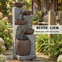 Outsunny Outdoor Fountain with 5-Tier, Garden Fountain with LED Lights, Adjustable Flow, Grey and Rustic Brown(m-4)