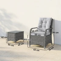 Outsunny 3 Pieces Rattan Bistro Set, Wicker Garden Furniture Set with Metal Frame, Cover, Glass Top Coffee Table, Light Grey(m-3)