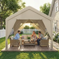 Outsunny 3 x 3 m Patio Gazebo with Netting & Curtains, Outdoor Canopy Shelter with Galvanised Steel Frame, Khaki(m-8)