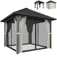 Outsunny 3 x 3(m) Hardtop Gazebo with Galvanised Steel Roof and Water Gutter, Waterproof Permanent Pavilion Garden Gazebo with Netting and Curtains for Patio, Deck, Black(m-10)