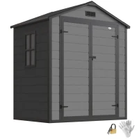 Outsunny 6'x4.5' Garden Storage Shed, Lockable Garden Shed with Double Doors, Window, Vent and Plastic Roof, Dark Grey(m-10)