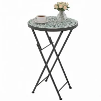 Outsunny Mosaic Outdoor Garden Table, 35.5cm Round Folding Coffee Table with Metal Frame for Balcony Terrace, Green(m-10)