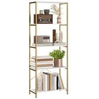 HOMCOM 5-Tier Bookshelf, Modern Bookcase with Metal Frame - White and Gold Tone(m-10)