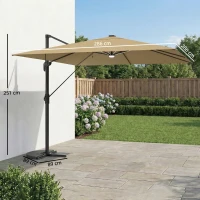 Outsunny 3 x 3 m Garden Cantilever Parasol with Light, Cover, Overhanging Umbrella w/ Wind Protection, 360° Rotation, Khaki(m-3)