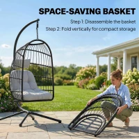 Outsunny Hangstoel met Standaard Opvouwbare Polyrattan Mand met Kussen Veiligheidsgordel Hoofdkussen Banden, Verstelbare Hoogte(m-5)