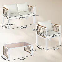 Outsunny 4 Piece Rattan Garden Furniture Set with Loveseat, 2 Armchairs, Table, Metal Frame Patio Conversation Set, Cream White(m-3)