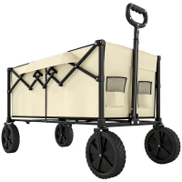 Outsunny 95L Foldable Festival Trolley on Wheels, Collapsible Wagon Cart with Adjustable Handle and 2 Cup Holders, Khaki(m-1)