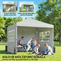 Outsunny Pavilion 3x3 m impermeabil reglabil pe înălțime pop-up pliant cu 3 pereți laterali ferestre ventilație, UV 50+ Gri deschis(m-4)