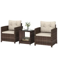 Outsunny Rattan Bistro Set, 3 Piece Garden Furniture Set with 2 Tier Glass Top Table and Cushions, Mixed Brown(m-11)