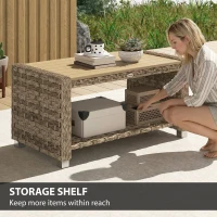 Outsunny Outdoor Coffee Table with Storage Shelf, PE Rattan Side Table with Slatted Top and Foot Pads, Light Brown(m-5)