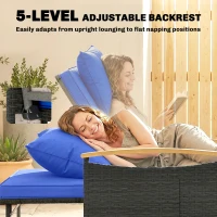 Outsunny Double Garden Rattan Daybed, Wicker Sun Bed Chaise Lounger with Storage Ottoman, 4-Level Adjustable Backrest, Brown(m-5)