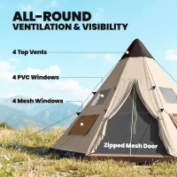 Outsunny 6 Men Tipi Tent with Carry Bag - Khaki(m-5)