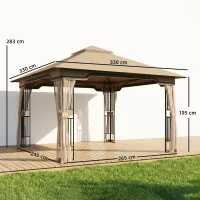 Outsunny 3.3 x 3.3 m Outdoor Garden Gazebo with Post Shelves, UPF50+ Patio Permanent Pavilion with Hook, Khaki(m-3)