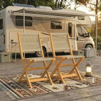 Outsunny Lote de 2 Sillas de Jardín Plegables Sillas de Balcón en Madera de Acacia FSC Asiento en Cuerda Trenzada Natural y Beige(m-5)