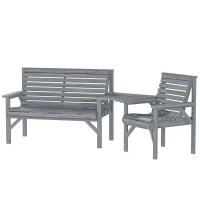 Outsunny Wooden Garden Furniture Set with Parasol Hole, 1 Chair, 1 Bench and Detachable Table, Grey Embossed Finish(m-11)