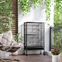 PawHut Gaiola para Pássaros com 4 Rodas Gaiola para Pássaros Metálica com Múltiplas Portas 4 Comedouros Bebedouro 2 Poleiros e Bandeja para Louros Canários Periquitos 79x52x137cm Preto(m-9)