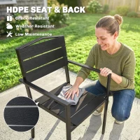 Outsunny Stackable Garden Chairs Set of 4, Garden Dining Chairs with Slatted HDPE Seat Back, Armrests, Metal Frame, Black(m-5)