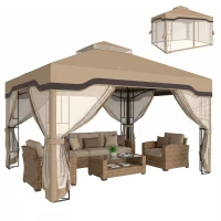Outsunny 3 x 3.6 m Outdoor Garden Gazebo with Post Shelves, UPF50+ Patio Permanent Pavilion with Hook, Khaki(m-10)