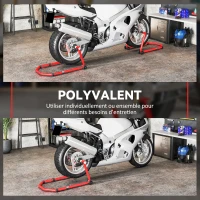 HOMCOM Béquille Moto, Capacité 390 kg, Support Avant et Arrière Réglable avec Fourches U+L, Clips de Serrage, 43x36x64cm, Rouge(m-6)