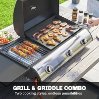 Outsunny 3 Burner Portable Gas Plancha BBQ Grill, 7.5 kW Outdoor Tabletop Gas Barbecue Grill with Griddle, Thermometer,, Black(m-4)