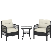 Outsunny 3 Pieces Rattan Bistro Set with Glass Top Coffee Table, Chairs and Cushions for Outdoor, Patio, Balcony, Cream