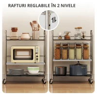 HOMCOM Cărucior multifuncțional cu 4 niveluri, cu raft central reglabil și margini înălțate, din oțel inoxidabil, 60x35x77 cm(m-7)