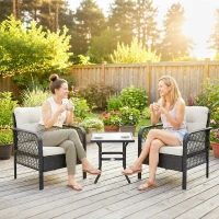 Outsunny 3 Pieces Rattan Bistro Set with Glass Top Coffee Table, Chairs and Cushions for Outdoor, Patio, Balcony, Cream(m-8)