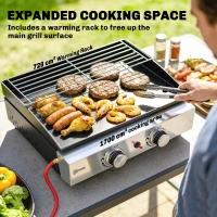 Outsunny 2 Burner Grill Griddle, Portable Gas Plancha with Warming Rack, 5 kW, Tabletop Gas BBQ with Grease Cup, Black(m-5)