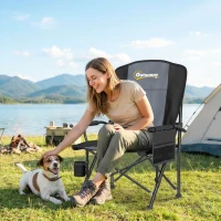 Outsunny Padded Camping Chair Adults Heavy Duty Folding Chair Side Pocket Cup Holder Carry Bag Outdoor Black(m-2)