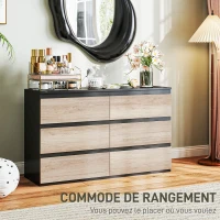 HOMCOM Commode 6 tiroirs meuble de rangement sans poignées design minimaliste 120 x 39 x 75 cm noir et bois naturel(m-4)