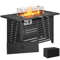 Outsunny Propane Gas Fire Pit Table, Outdoor Firepit with 43" Steel Tabletop and Lid, 50,000 BTU Pulse Ignition Fire Table w/ Stainless Steel Burner, Glass Wind Guard, and Cover(m-10)