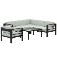 Outsunny 5-Piece Garden Corner Sofa Set with Cushions, 6 Seater Aluminium Garden Furniture Set with Coffee Table, Light Grey(m-1)