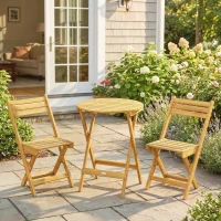 Outsunny Conjunto Bistró 3 Piezas Plegable en Madera de Acacia con Mesa Redonda y 2 Sillas, sin montaje, 60x60x75cm, Natural(m-2)
