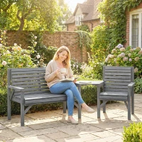 Outsunny Wooden Garden Furniture Set with Parasol Hole, 1 Chair, 1 Bench and Detachable Table, Grey Embossed Finish(m-9)