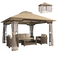Outsunny 3.3 x 3.3 m Outdoor Garden Gazebo with Post Shelves, UPF50+ Patio Permanent Pavilion with Hook, Khaki(m-10)