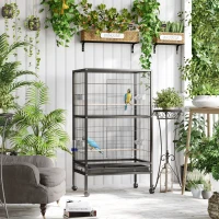 PawHut Gaiola para Pássaros com 4 Rodas Gaiola para Pássaros Metálica com Múltiplas Portas 4 Comedouros Bebedouro 2 Poleiros e Bandeja para Louros Canários Periquitos 79x52x137cm Preto(m-10)