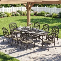 Outsunny 9 Piece Cast Aluminium Garden Dining Set, Garden Table and Chairs Set with Cushions, Parasol Hole for Patio, Bronze Tone(m-9)