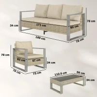 Outsunny 4 Piece Rattan Garden Furniture Set with 3-Seater Sofa, Armchairs, Table, Aluminium Frame Patio Conversation Set, Khaki(m-3)
