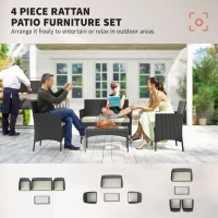 Outsunny 4 Piece Rattan Garden Furniture Sofa Set with Loveseat, Armchairs, Glass-Top Coffee Table and Cushions, Cream White(m-4)