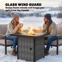 Outsunny Propane Gas Fire Pit Table for Garden, 11.7 KW Smokeless Firepit Outdoor Heater with Wind Guard, Glass Rocks, Lid, Black(m-7)