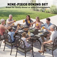 Outsunny 9 Piece Cast Aluminium Garden Dining Set, Garden Table and Chairs Set with Cushions, Parasol Hole for Patio, Bronze Tone(m-4)