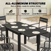 Outsunny Extending Garden Table for 4-6, Aluminium Outdoor Dining Table with Faux Wood Slatted Top, Black(m-5)