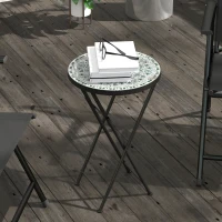 Outsunny Mosaic Outdoor Garden Table, 35.5cm Round Folding Coffee Table with Metal Frame for Balcony Terrace, Green(m-9)