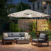 Outsunny 3 m Cantilever Parasol with Solar LED Lights Garden Umbrella with Cross Base, Cream White(m-2)